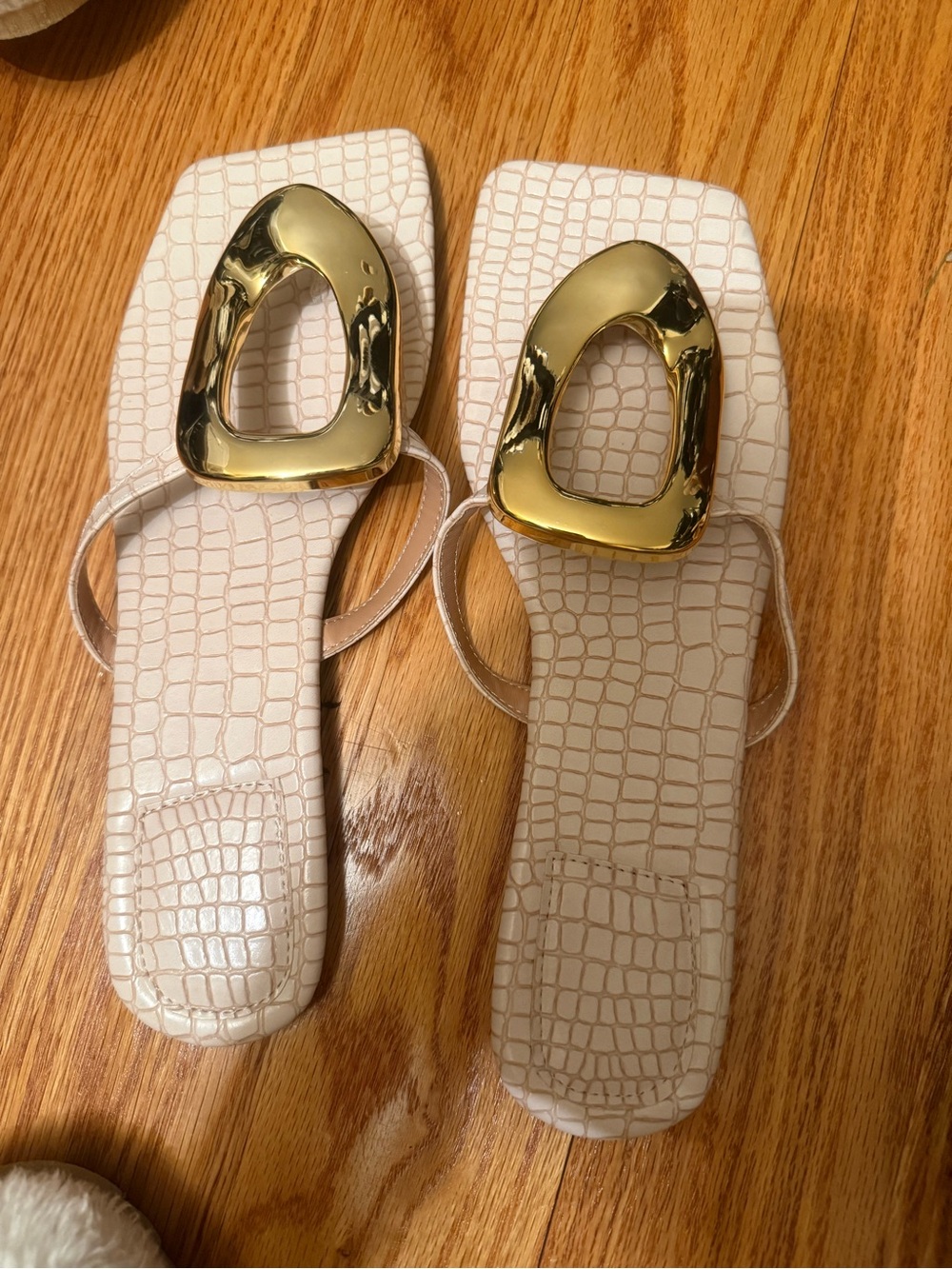 Beige Croc-Embossed Slide Sandals with Gold Accent